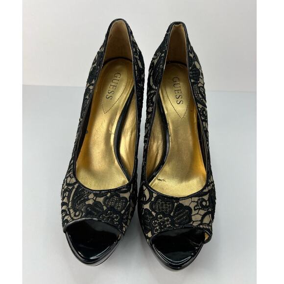 Guess Size 10 Black Sexy Sheer Lace Peep Toe platform High Heels - Picture 4 of 6